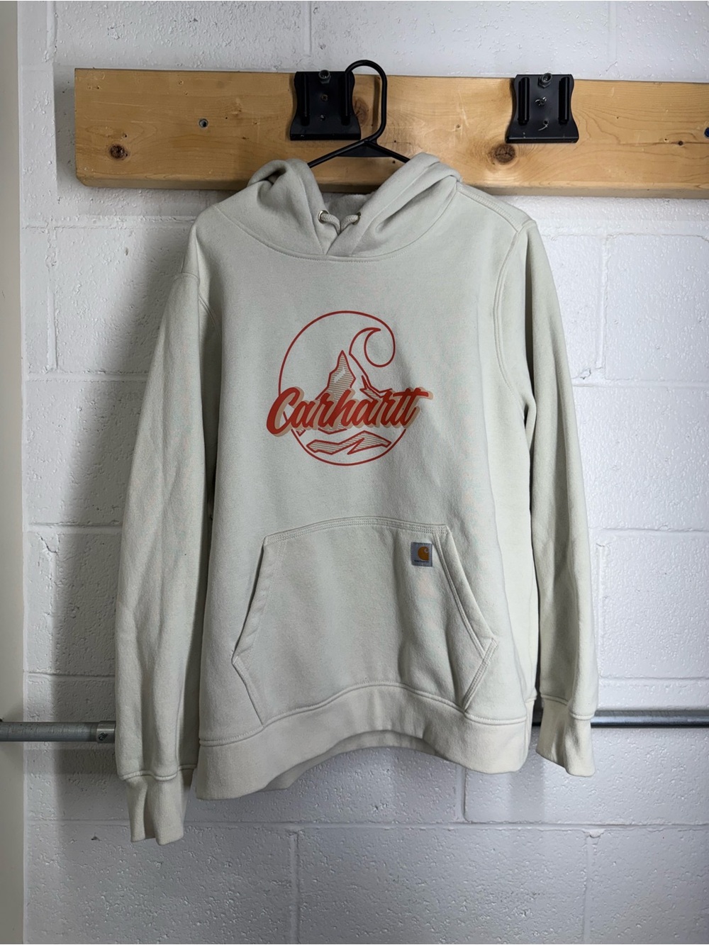 Carhartt Men's Cream Pullover Hoodie with Red Graphic Logo